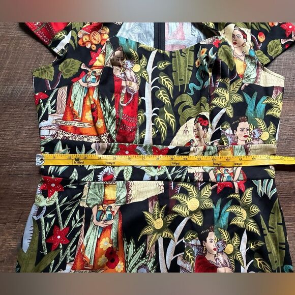 GRACE KARIN tropical Frida Kahlo dress Cap-Sleeve Sweetheart Sheath Sz L artsy - Picture 13 of 16